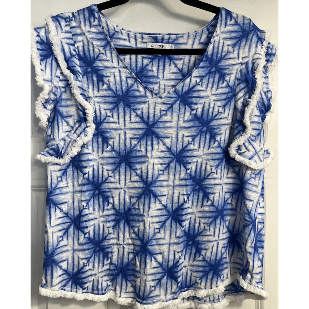 Chicos Linen Flutter Sleeve Top Size XL Blue White Geometric Coastal Travel